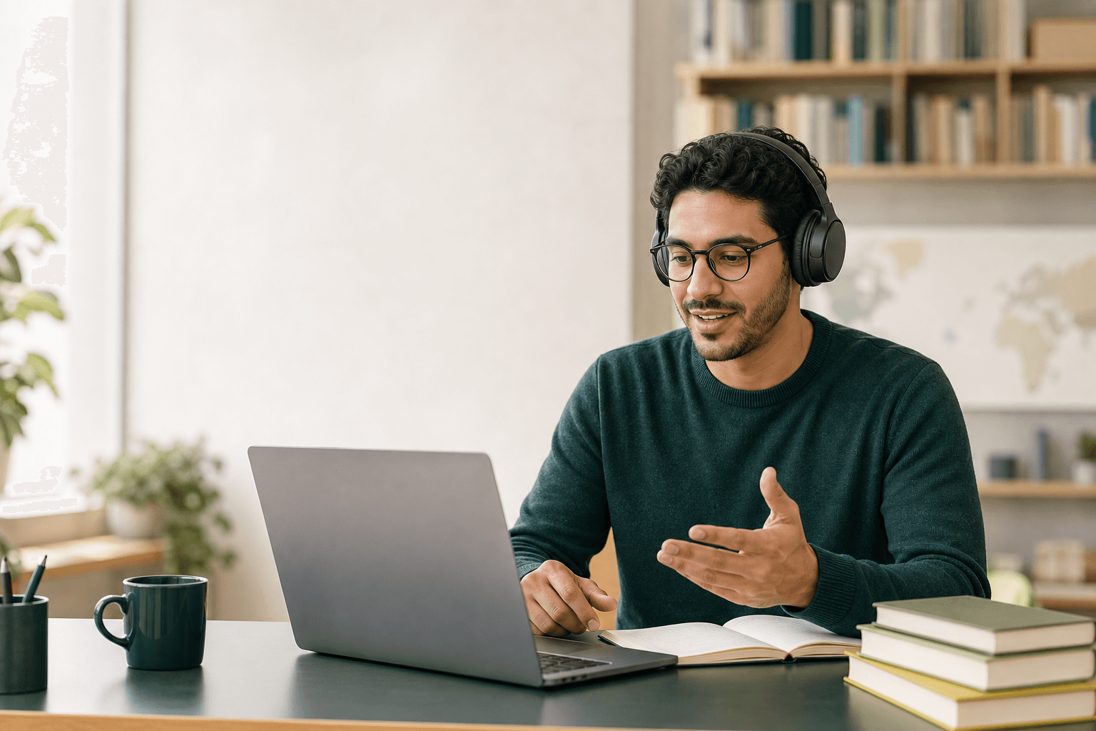 A learner practising a new language online